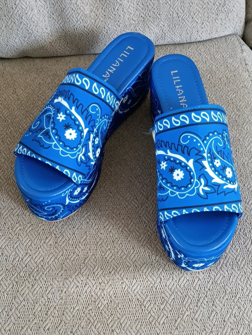 Liliana Blue Paisley Platform Slide Sandals